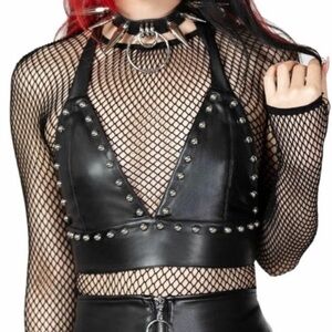 Killstar Studded Halter Top Bralette XS Black Faux Leather
